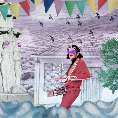 Collage digital que mezcla monumentos de Banderas y monumento a diosa Sie, en Bogotá, con máscaras de carnaval, agua y banderines de colores sobre el paisaje urbano de Kennedy.