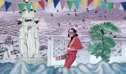 Collage digital que mezcla monumentos de Banderas y monumento a diosa Sie, en Bogotá, con máscaras de carnaval, agua y banderines de colores sobre el paisaje urbano de Kennedy.