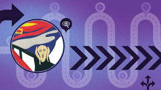 Fondo morado con diferentes caminos y en un circulo la iconica pintua de "el grito"