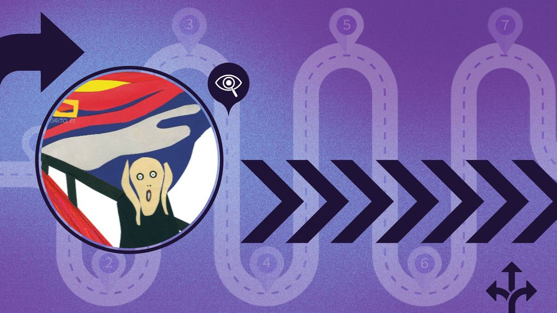 Fondo morado con diferentes caminos y en un circulo la iconica pintua de "el grito"