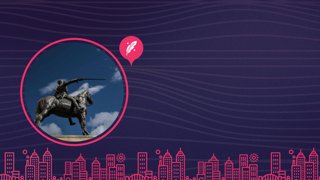 Fondo morado oscuro con detalles fucsias y en un circulo al lado izquierdo una fotografia de una estatua sobre un caballo