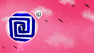 Fondo rosado con aves en sombras volando, y en un circulo la imagen de una mujer encerrada por un espiral azul