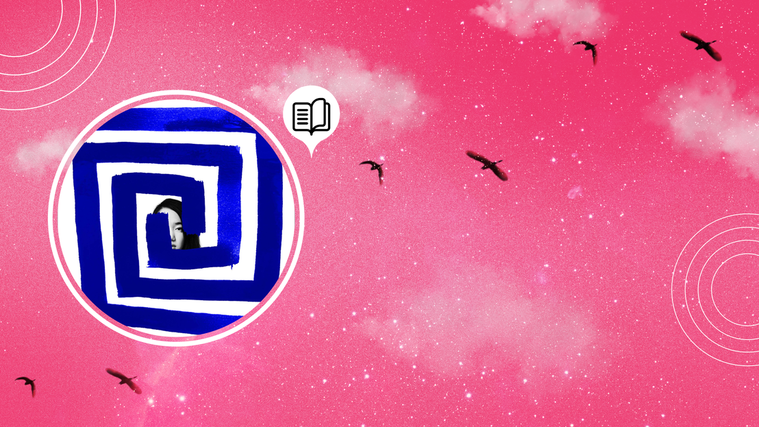 Fondo rosado con aves en sombras volando, y en un circulo la imagen de una mujer encerrada por un espiral azul