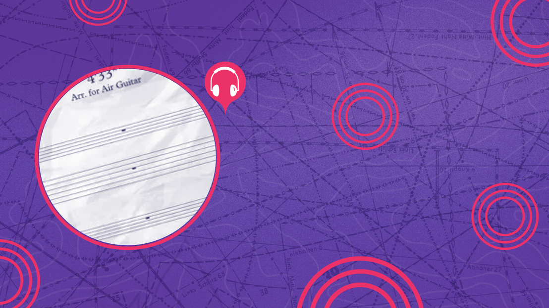 fondo morado con ciruculos fucsias dispersos, y en un ciruculo al lado izquiero una partitura en blanco