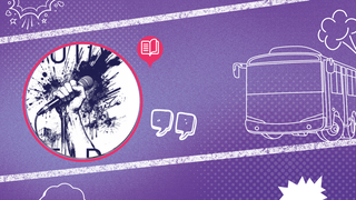 Fondo morado, con dibujo de un bus y una ilustracion de una mano sosteniendo un microfono