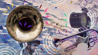 Collage digital que muestra un músico con tuba, manos sosteniendo una trompeta y una persona con un tambor, entre relámpagos de color, confetis y ondas sobre el cielo de Kennedy.
