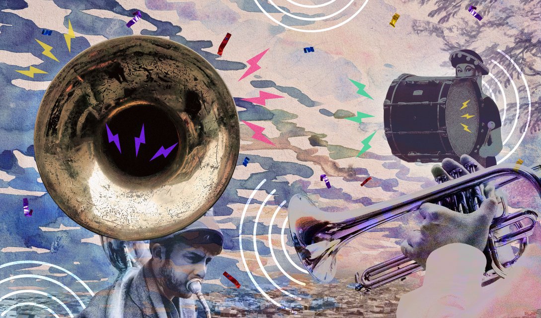 Collage digital que muestra un músico con tuba, manos sosteniendo una trompeta y una persona con un tambor, entre relámpagos de color, confetis y ondas sobre el cielo de Kennedy.