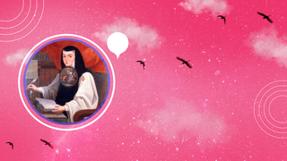 Una monja sentada ante un escritorio, vestida con hábito, toca blanca y velo negro. Sobre su pecho luce un gran medallón ovalado con la imagen de la Anunciación, donde el ángel Gabriel visita a la Virgen María. Frente a ella, varios libros antiguos y grue