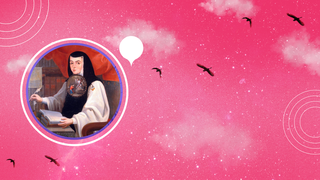 Una monja sentada ante un escritorio, vestida con hábito, toca blanca y velo negro. Sobre su pecho luce un gran medallón ovalado con la imagen de la Anunciación, donde el ángel Gabriel visita a la Virgen María. Frente a ella, varios libros antiguos y grue