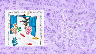 Una ilustración vibrante muestra puertas azules que se abren hacia plantas y peces coloridos, sobre un fondo violeta con texto en espiral y una superposición de manos esbozadas.