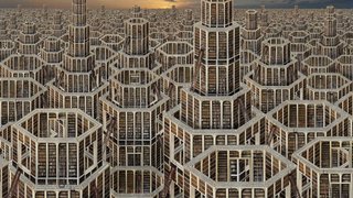 Una biblioteca interminable y laberíntica con imponentes cámaras hexagonales. Cada cámara está repleta de estanterías que van del suelo al techo, escaleras que conectan diferentes niveles y pasarelas que conectan los espacios abiertos. El diseño se repite