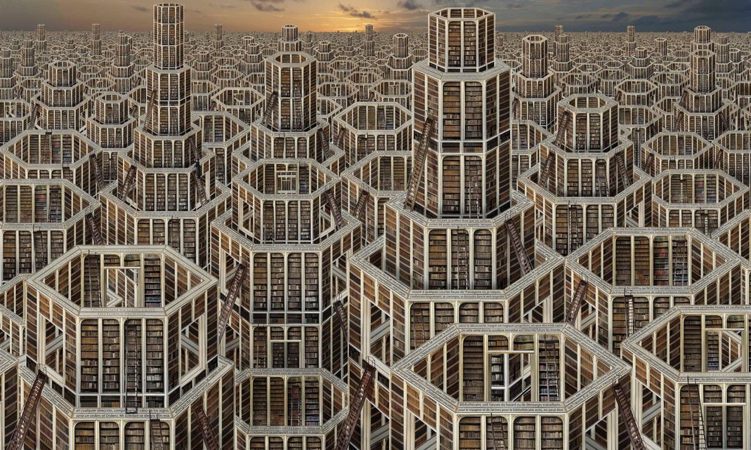 Una biblioteca interminable y laberíntica con imponentes cámaras hexagonales. Cada cámara está repleta de estanterías que van del suelo al techo, escaleras que conectan diferentes niveles y pasarelas que conectan los espacios abiertos. El diseño se repite