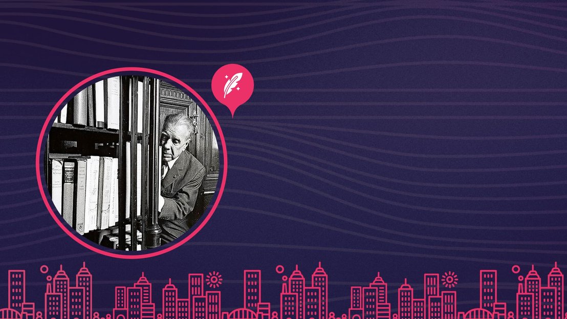 Una fotografía en blanco y negro de una persona con traje examinando libros en una estantería se sitúa sobre un fondo morado con un paisaje urbano rosa y el icono de un cohete.