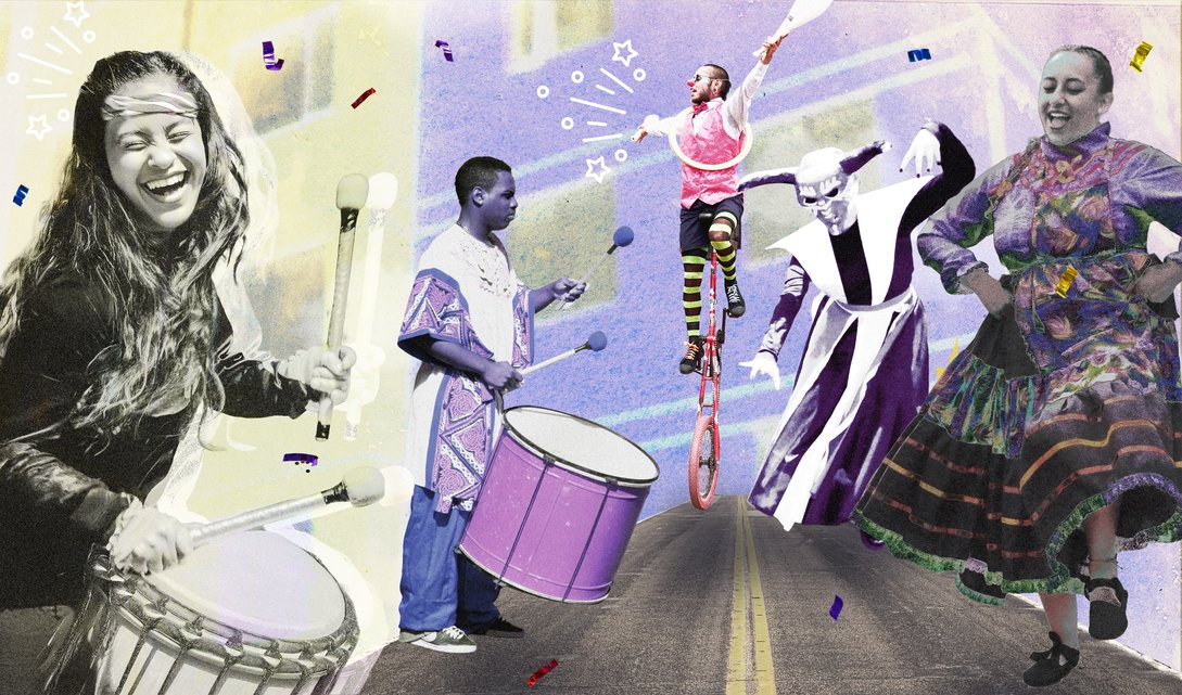 Collage digital que muestra a músicos y bailarines caminando por una calle de Kennedy