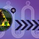 Gráfico de videojuego estilizado con un recuadro circular que muestra tres personajes dentro de un triángulo dorado. El fondo incluye flechas y un camino punteado sobre un degradado púrpura.