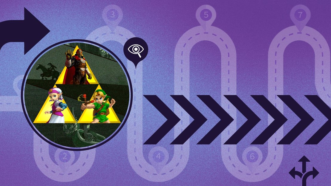 Gráfico de videojuego estilizado con un recuadro circular que muestra tres personajes dentro de un triángulo dorado. El fondo incluye flechas y un camino punteado sobre un degradado púrpura.