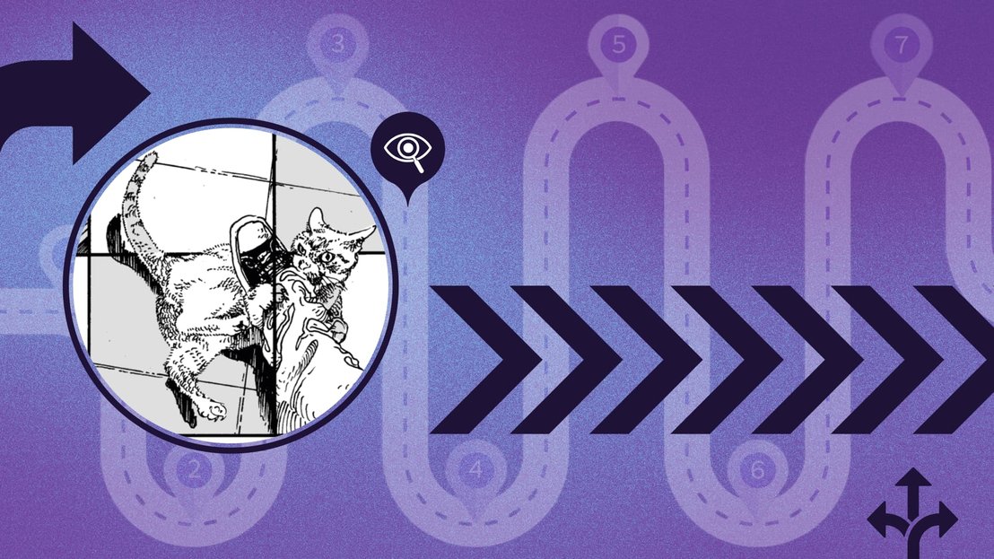 Un boceto de un gato sorprendido dentro de un círculo con fondo morado. Unas flechas en negrita apuntan hacia la derecha a través de un camino numerado, sugiriendo progresión o movimiento.