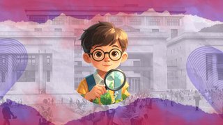 Ilustración de un niño con gafas y una lupa, con un museo y una multitud animada como telón de fondo, con vibrantes tonos morados y rosas.