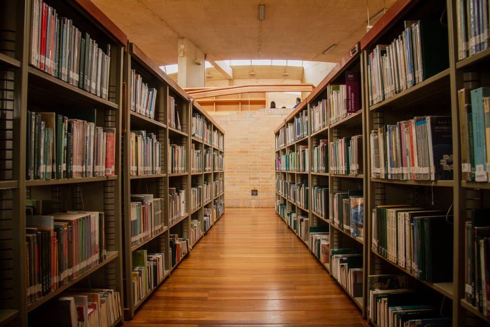 Estantes de biblioteca repletos de libros se alinean a ambos lados de un amplio pasillo de madera. Los estantes son altos y están abarrotados de libros diversos, con el lomo hacia afuera. El suelo es de madera pulida y la iluminación es cálida, provenient