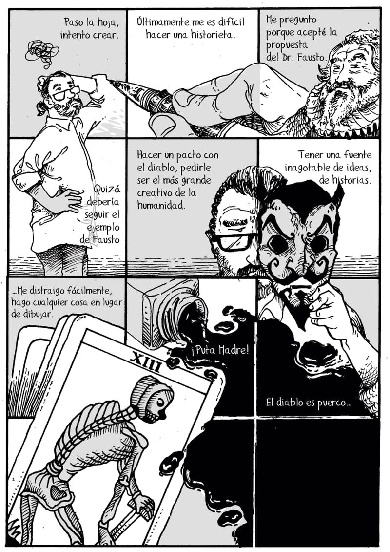 Una tira cómica muestra a un hombre luchando con su creatividad, considerando un pacto fáustico. Se siente distraído, buscando ideas sin fin bajo la influencia demoníaca. Sus emociones van desde la frustración hasta la intriga.
