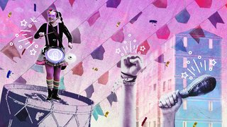 Collage digital que muestra una percusionista, manos en alto con maracas y puño cerrado sobre un fondo de banderines.