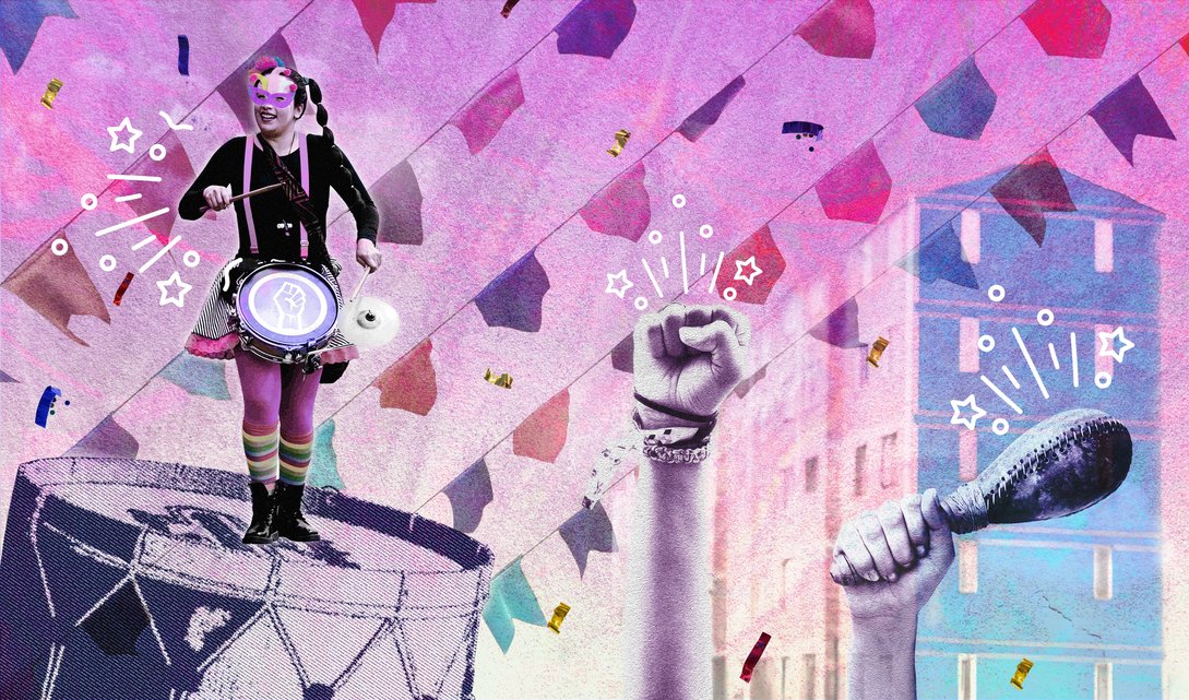 Collage digital que muestra una percusionista, manos en alto con maracas y puño cerrado sobre un fondo de banderines.