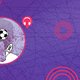 Fondo morado con líneas abstractas y círculos rojos. El círculo central muestra pies con zapatillas alrededor de un balón de fútbol. Cerca hay un icono de auriculares rojos.