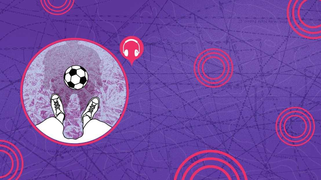 Fondo morado con líneas abstractas y círculos rojos. El círculo central muestra pies con zapatillas alrededor de un balón de fútbol. Cerca hay un icono de auriculares rojos.