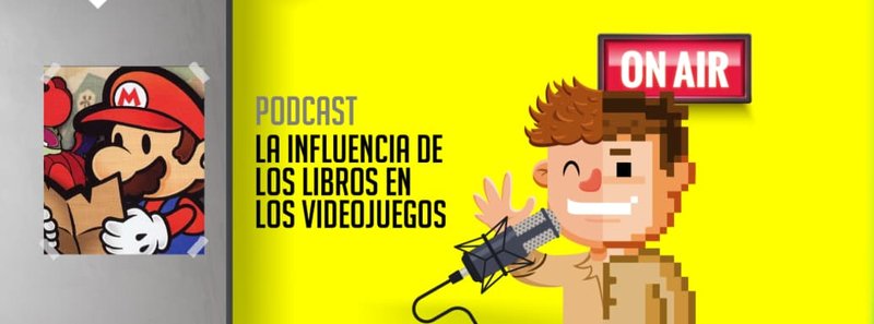 "Portada del podcast con el texto 'La Influencia de los Libros en los Videojuegos' con un personaje de dibujos animados sosteniendo un micrófono bajo un cartel de 'On Air'."