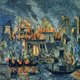 Ilustración histórica de un incendio urbano, probablemente el de la Biblioteca de Alejandría. La imagen muestra edificios de estilo griego y egipcio clásico envueltos en llamas, con un fuego naranja brillante y una densa humareda elevándose hacia el cielo