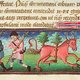 Un manuscrito medieval con una ilustración de dos hombres junto a un caballo.