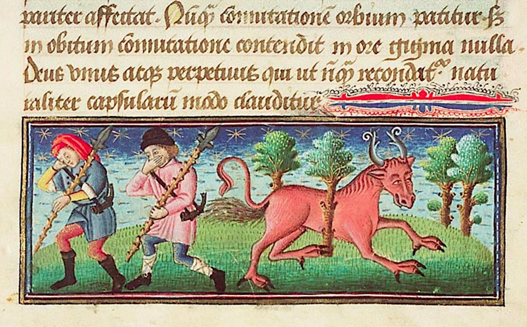 Un manuscrito medieval con una ilustración de dos hombres junto a un caballo.