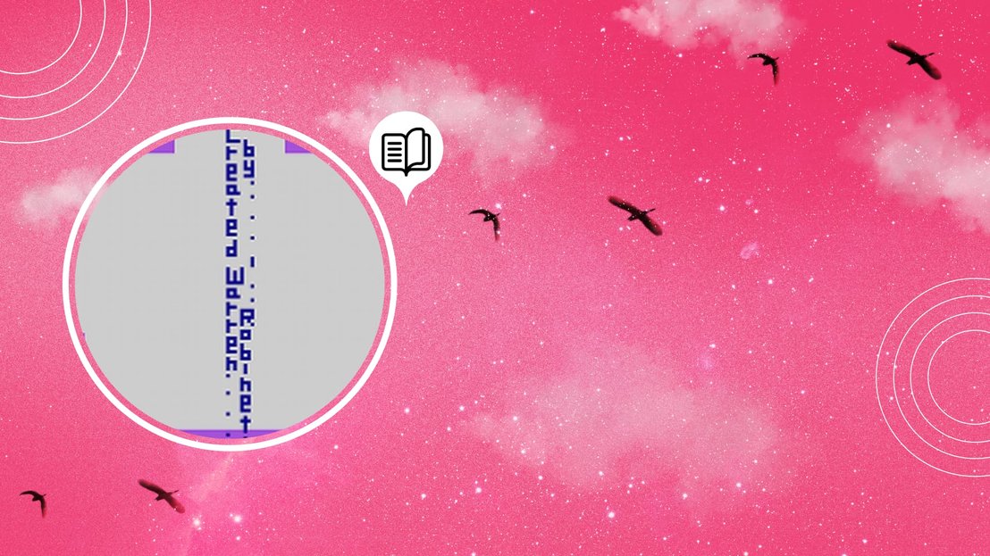 Un cielo rosa vibrante con nubes esponjosas y pájaros volando. Un recuadro circular muestra texto azul vertical sobre fondo gris, junto a un icono de libro.