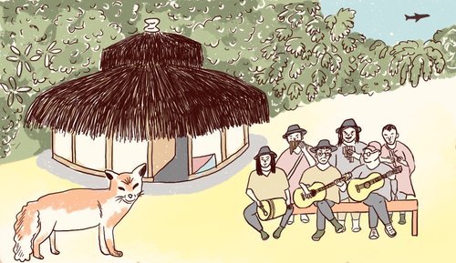 Ilustracion de comunidad indigena tocando musica cerca a su maloca