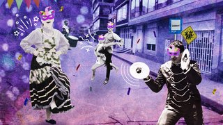 Collage digital que muestra a músicos y bailarines con máscaras de colores en una calle de Kennedy. Entre tambores, banderines y confeti, la imagen celebra la danza infinita de la comunidad.