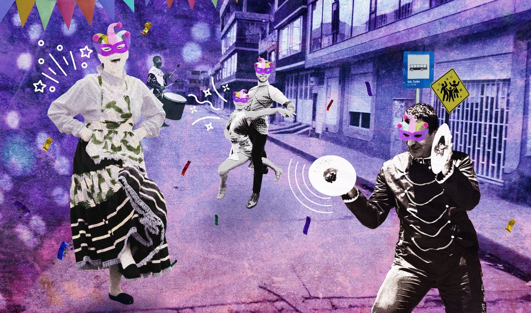 Collage digital que muestra a músicos y bailarines con máscaras de colores en una calle de Kennedy. Entre tambores, banderines y confeti, la imagen celebra la danza infinita de la comunidad.
