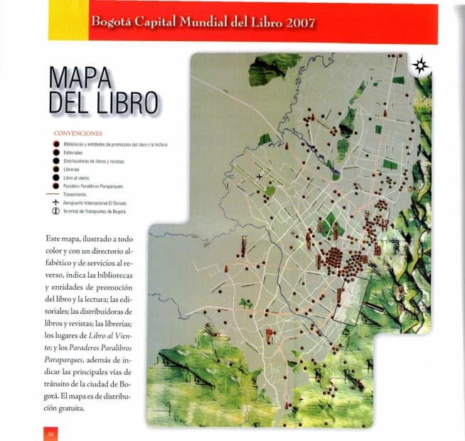 Mapa de Bogotá, titulado "Mapa del Libro", que destaca las bibliotecas y los lugares literarios. Los puntos de referencia se encuentran en un plano de la ciudad con un paisaje verde, promoviendo la cultura de la lectura.