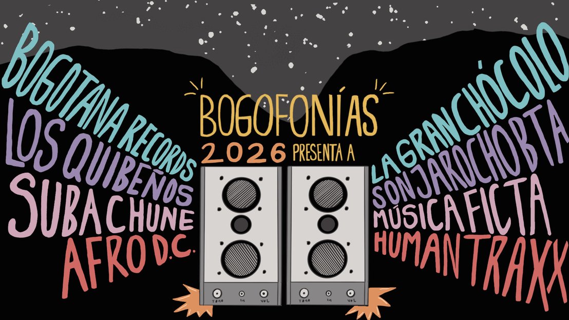 Portada de fondo negro de la exposición Bogofonías con los nombres de las agrupaciones