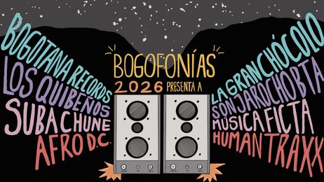 Portada de fondo negro de la exposición Bogofonías con los nombres de las agrupaciones