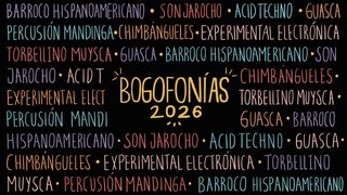 Portada reverso Bogofonías negro con diferentes generos musicales escritos en colores