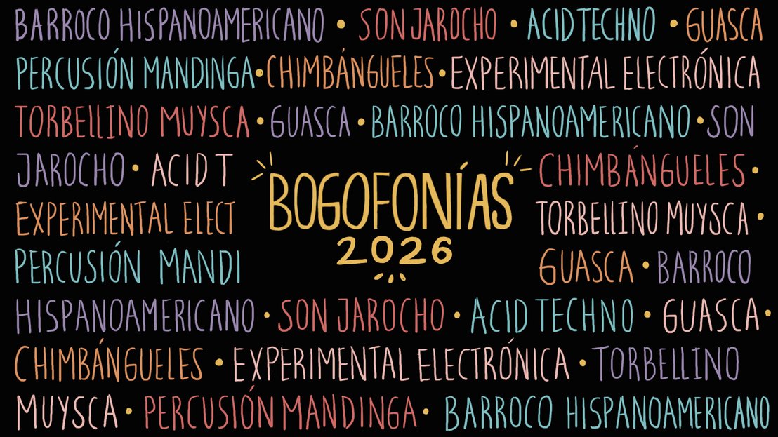 Portada reverso Bogofonías negro con diferentes generos musicales escritos en colores
