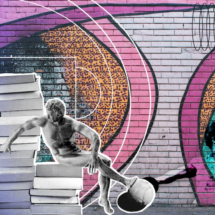 Fondo de una pared de cancha de barrio, con una foto de una estatua sobre unos libros.