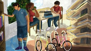 Ilustracion del Centro Felicidad de Chapinero donde se encuentra la BP el Deporte. Junto con personas en unfiorme de futbol, bicicletas y demas.