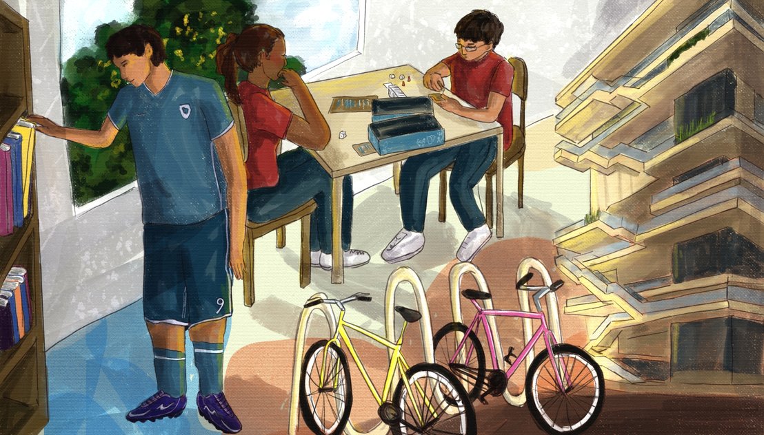 Ilustracion del Centro Felicidad de Chapinero donde se encuentra la BP el Deporte. Junto con personas en unfiorme de futbol, bicicletas y demas.