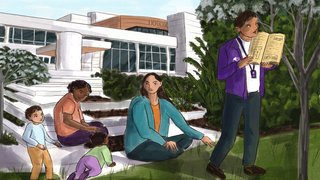 Ilustracion de un mediador de lectura leyendo en voz alta a una familia en la BP Julio Mario Santo Domingo