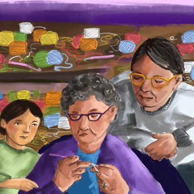 Ilustracion de una mujer mayor tejiendo y enseñando este arte a personas de una biblioteca publica