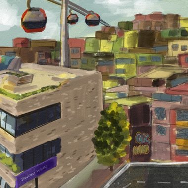 Ilustracion de la vista panoramica de la biblioteca publica el mirados y los barrios de ciudad bolivar, junto a su emblematico transmicable