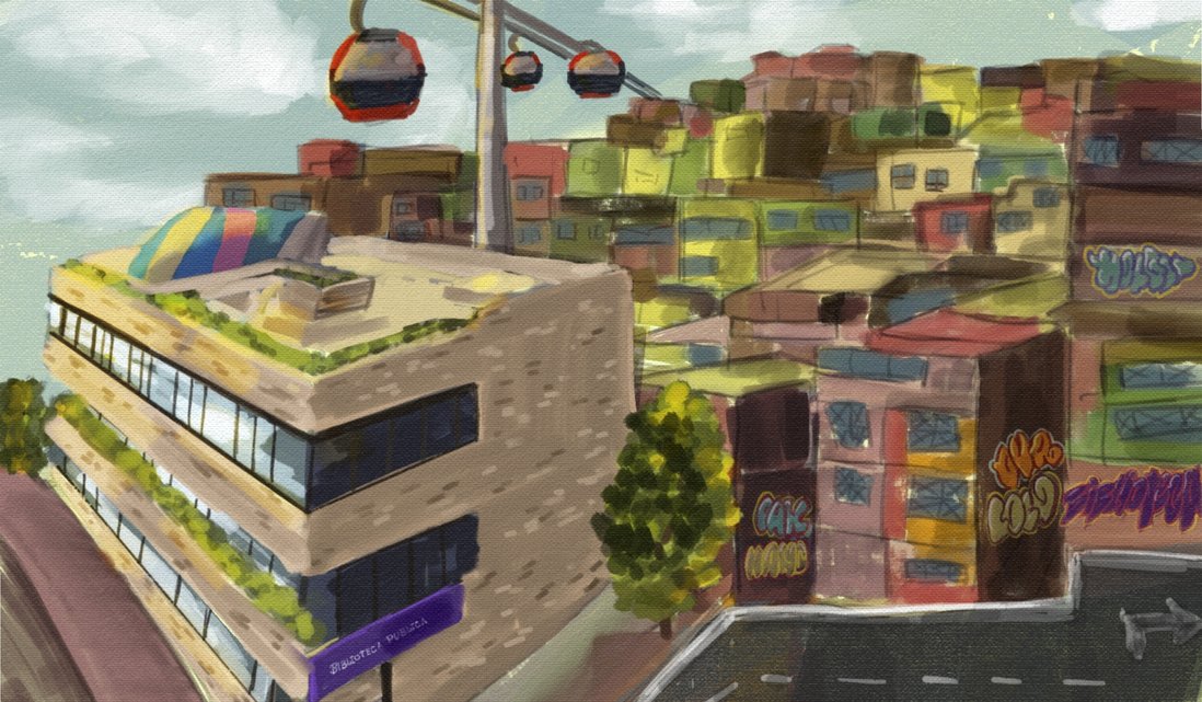 Ilustracion de la vista panoramica de la biblioteca publica el mirados y los barrios de ciudad bolivar, junto a su emblematico transmicable