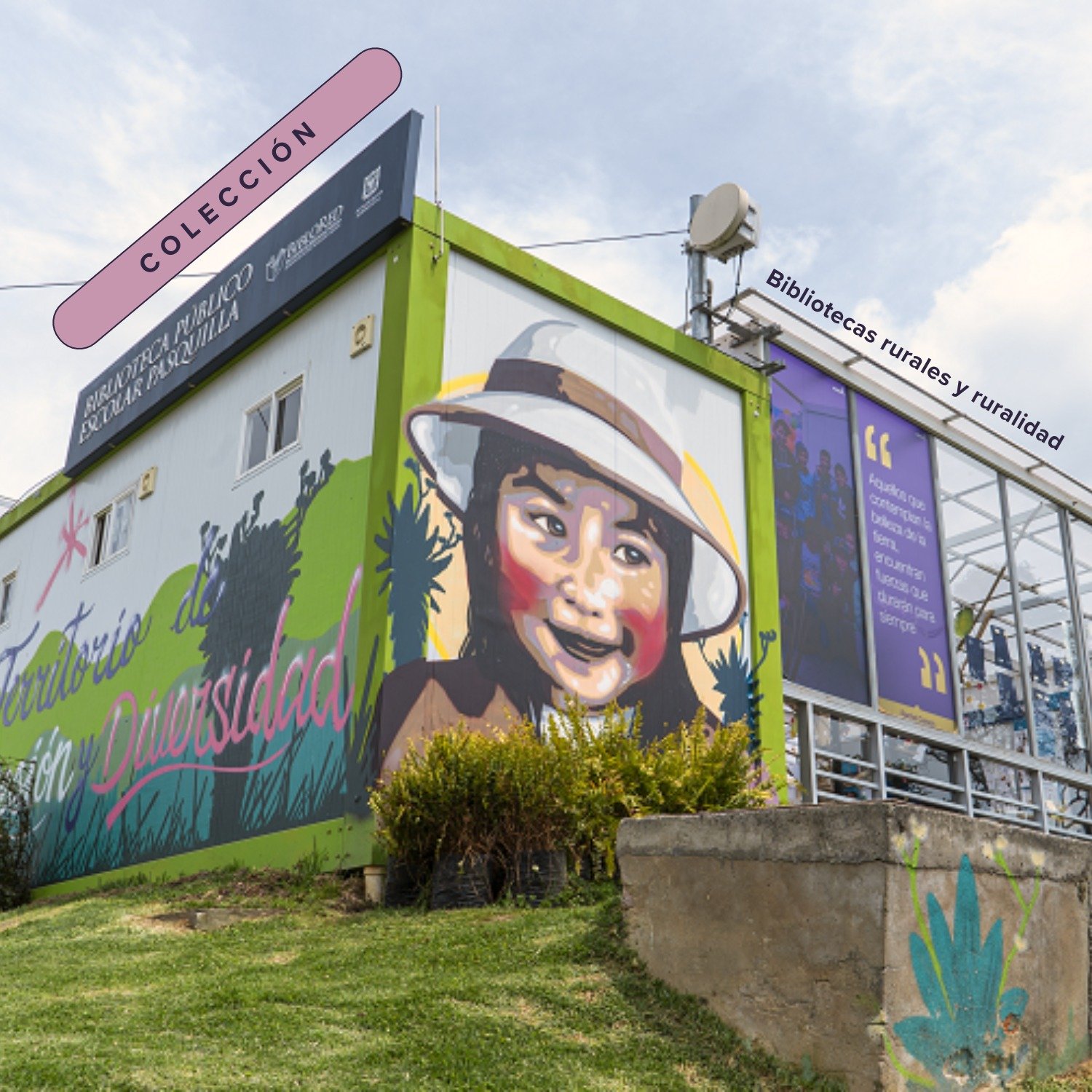 Fotografia de la biblioteca publico escolar pasquilla en donde se muestra en el centro un mural con el rostro de una mujer campesina.