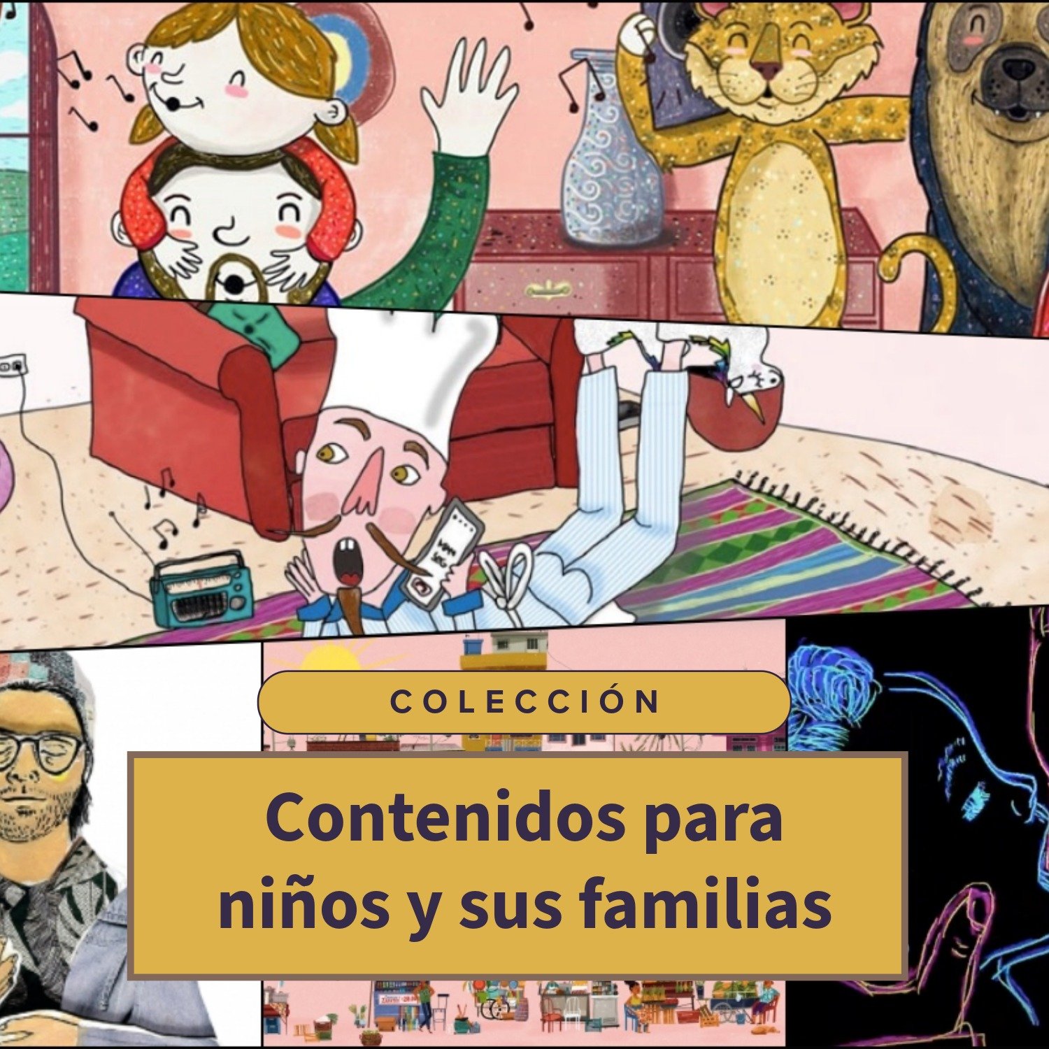 Ilustraciones varias de literatura infantil y juvenil, con un recuadro amarillo en la mitad inferior.